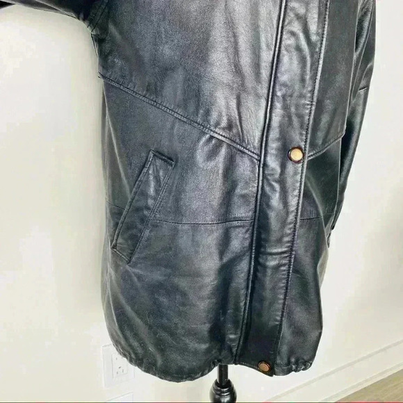 VINTAGE BLACK LEATHER FUR WINTER  WOMAN COAT SIZE XS - Picture 7 of 16